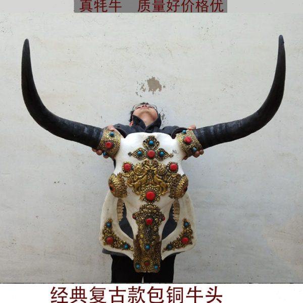 西藏包铜牦牛头骨工艺品 藏族装饰牛头标本壁挂 牛头摆件节日送礼