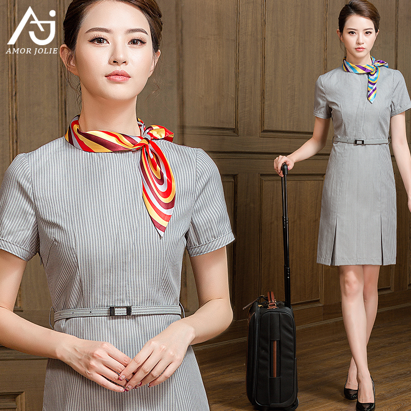 职业灰色连衣裙海航空姐制服气质酒店前台售楼部工作服装女高端夏
