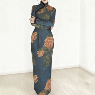 气质连衣裙显瘦长裙气质如蓝 修身 秋冬厚款 复古提花风情旗袍女长袖