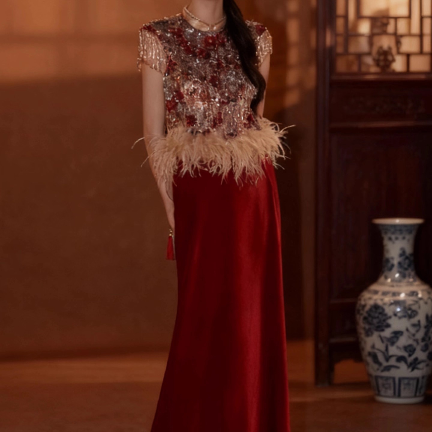 新中式重工红色丝绒套装敬酒礼服