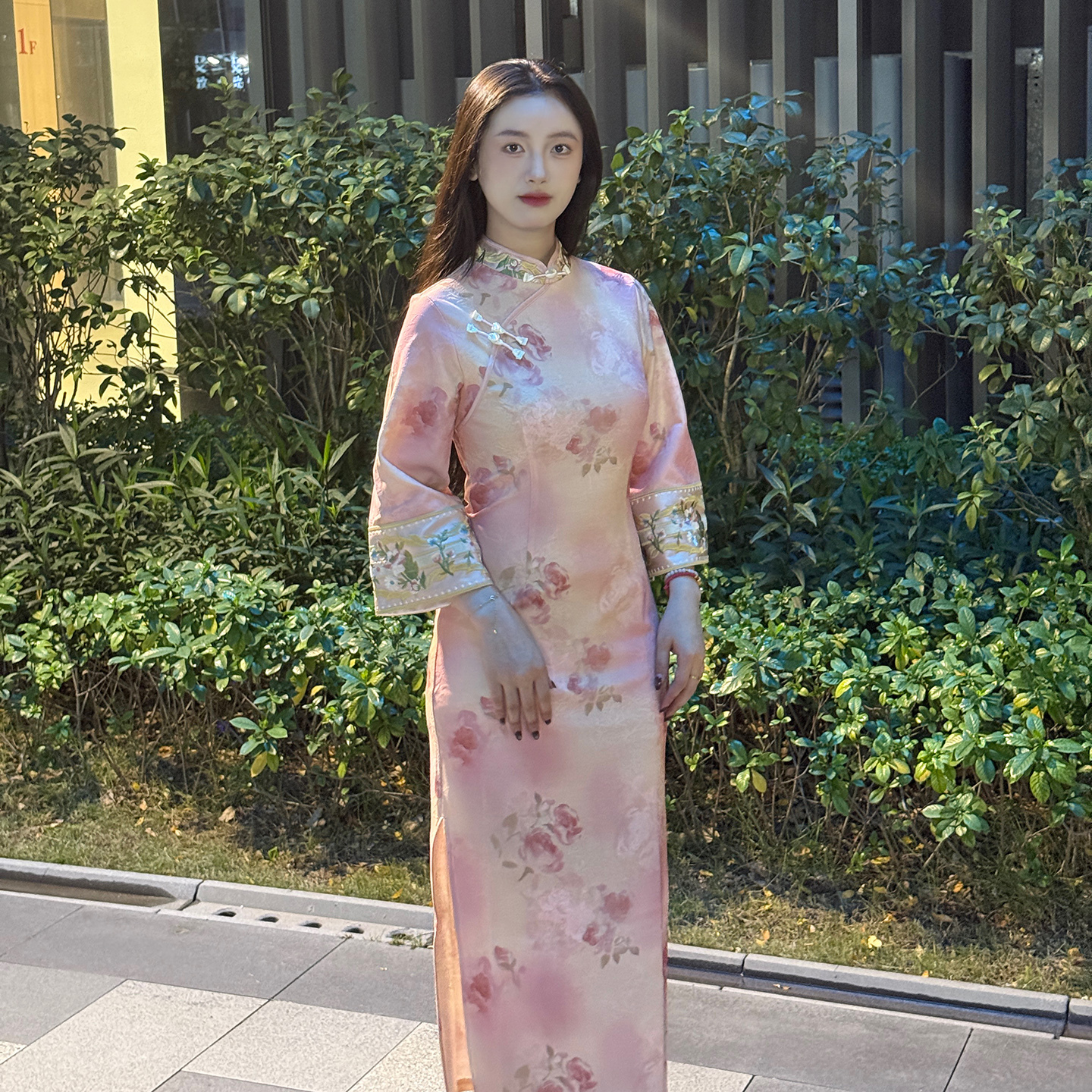 秋冬针织提花旗袍英花月夕倒大袖