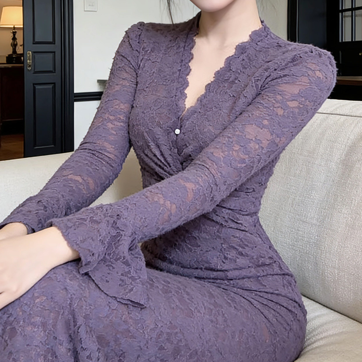 冬季连衣裙温柔扭折喇叭袖鱼尾裙女绝美小裙子风情紫蕾丝步步生莲