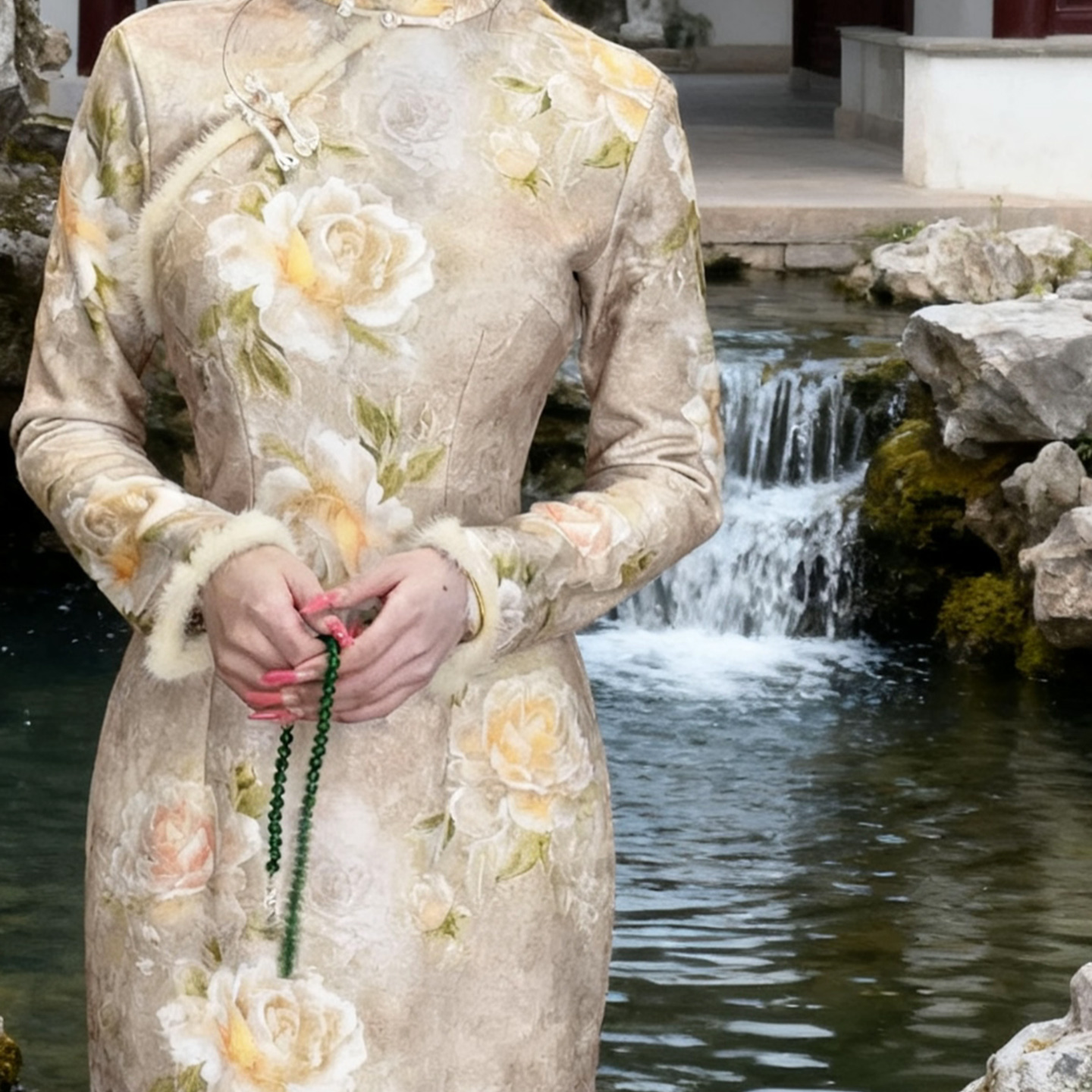 厚款针织真毛秋冬旗袍长袖芍药花