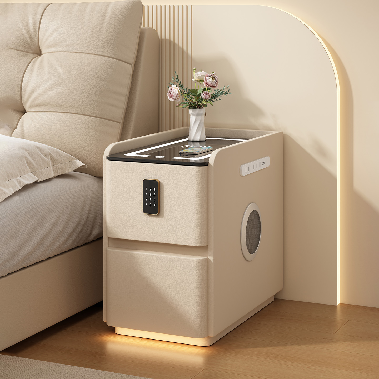 实木智能床头柜带排插超窄落地