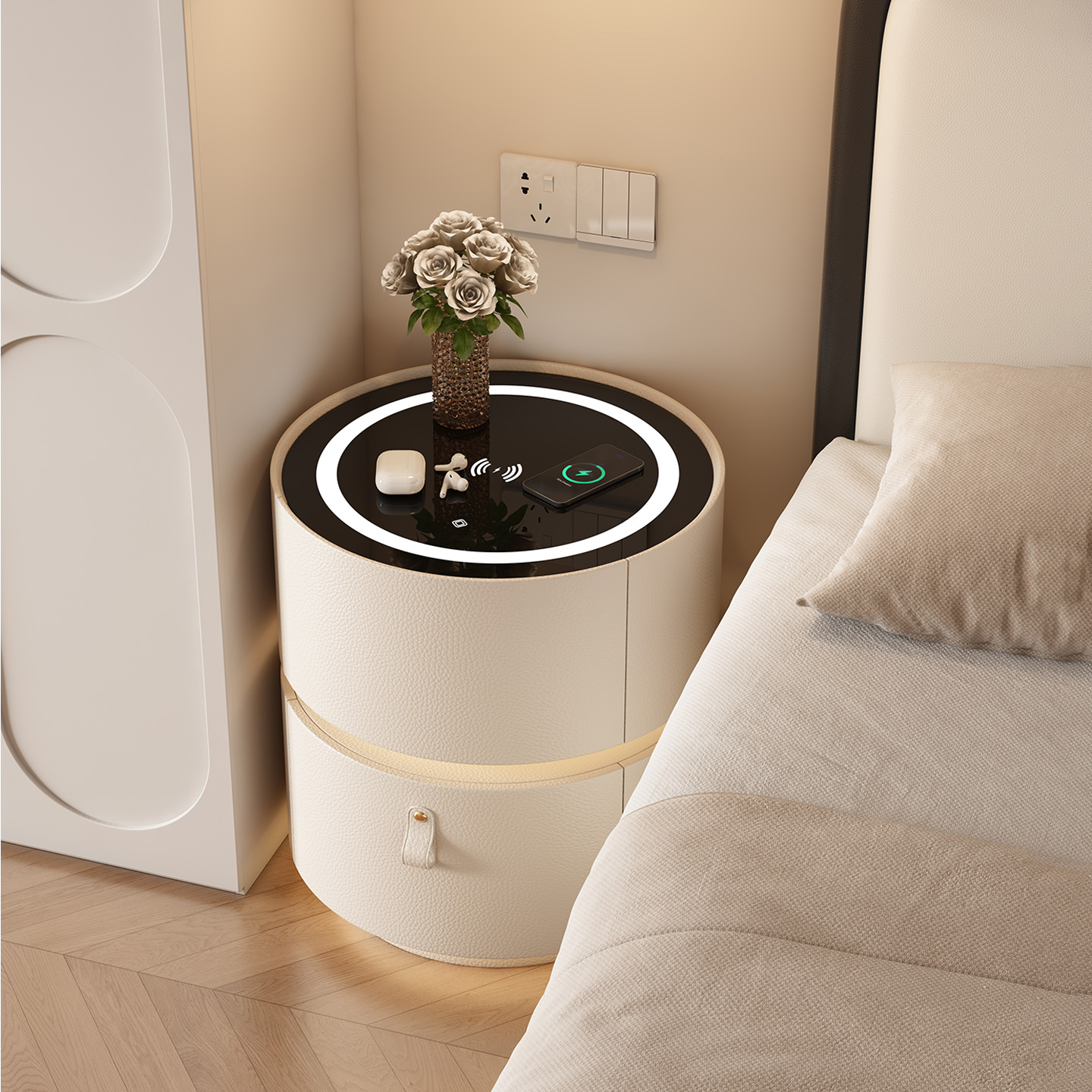 智能圆形床头柜带无线充电免安装