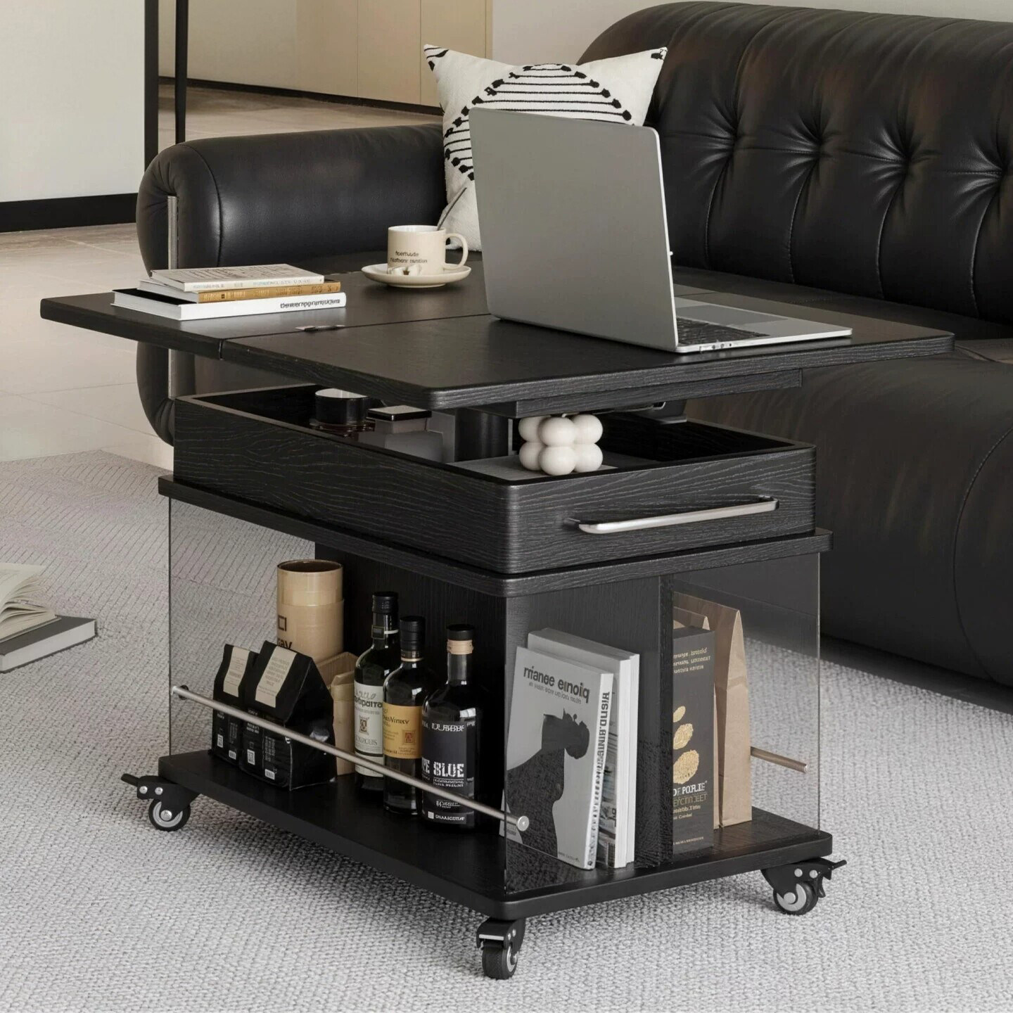 实木可升降折叠移动推车茶几