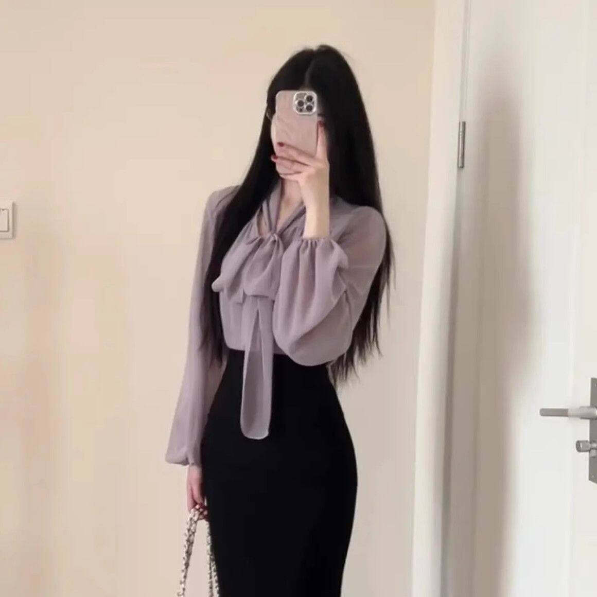 一整套韩系穿搭早春新款轻熟风V领系带衬衫上衣包臀半身裙两件套