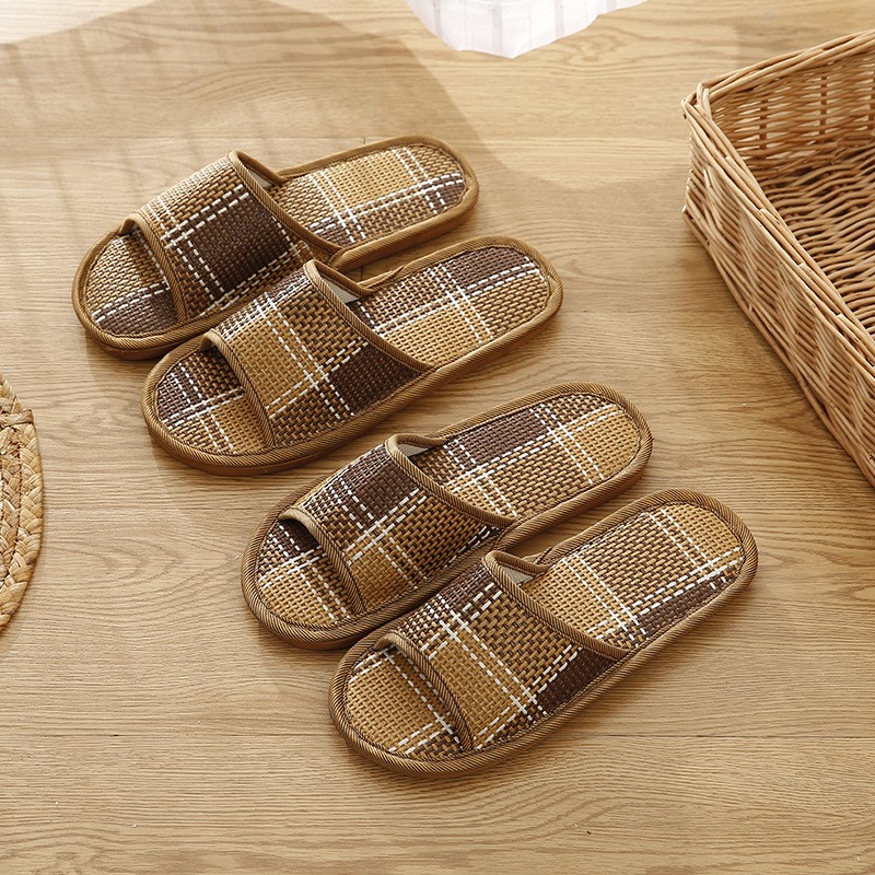 居家用凉拖鞋f男夏季草席编织竹藤草室内亚麻防滑情侣软底木地板