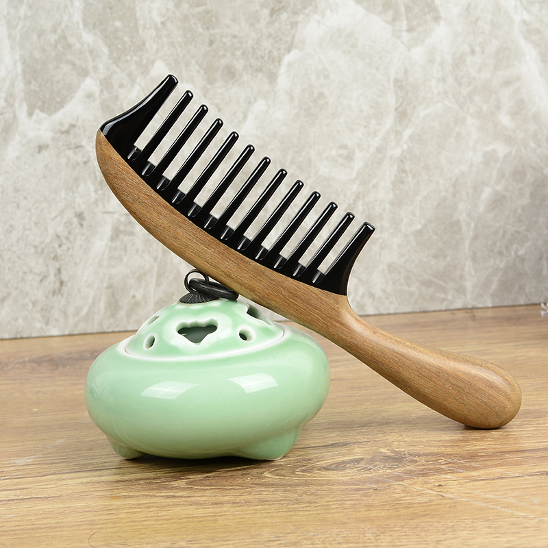 牛角梳子大齿梳卷发烫发男士女士家用长H发专用檀木大号宽齿化妆