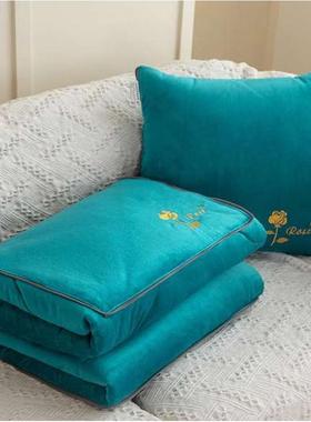 靠垫叠被两用折h小毛蓝色枕加厚抱保暖枕被子灰色加汽车午睡抱绒