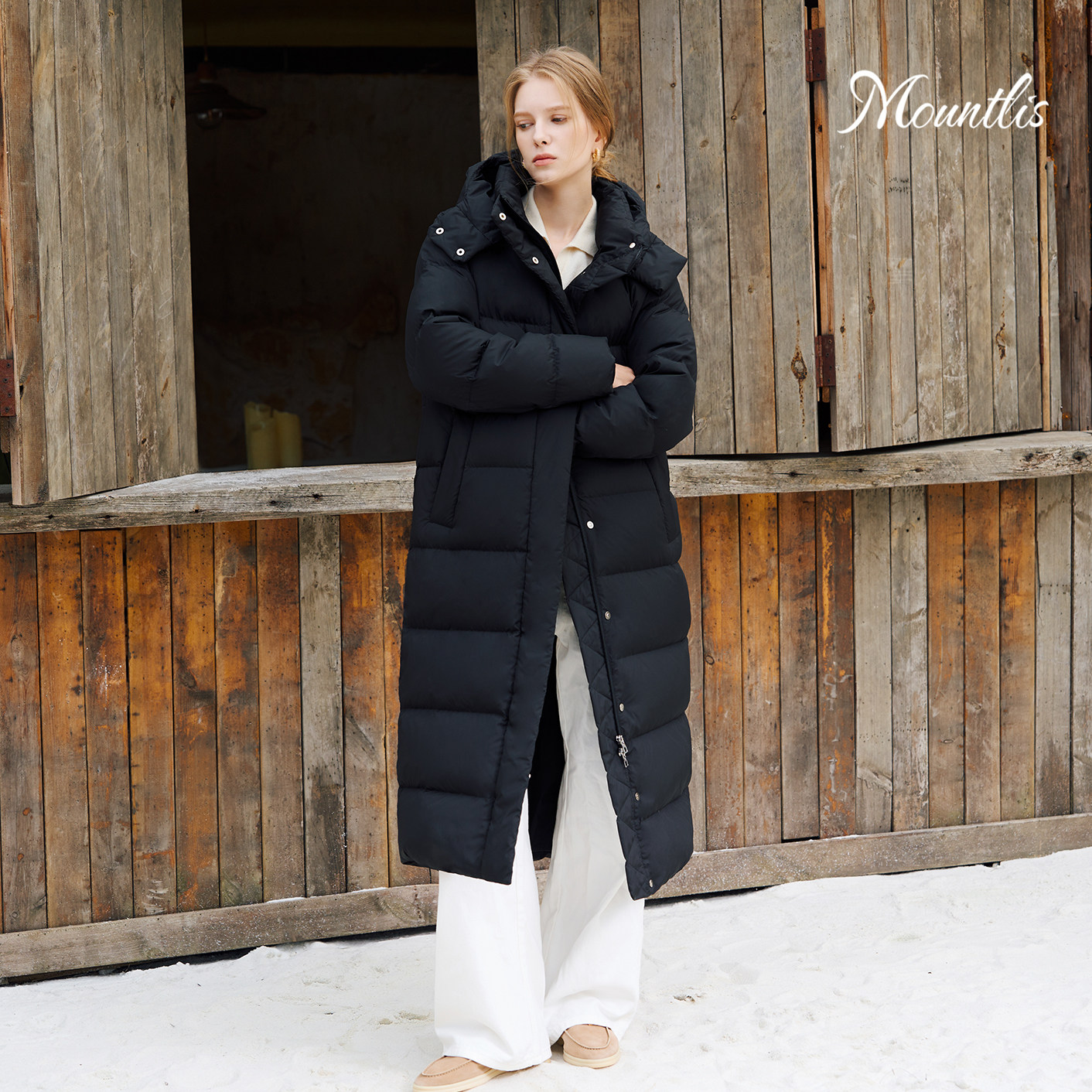 Mountlis90白鹅绒加厚长款羽绒服女冬季连帽过膝修身显瘦外套