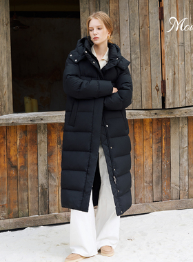 Mountlis90白鹅绒加厚长款羽绒服女冬季连帽过膝修身显瘦外套