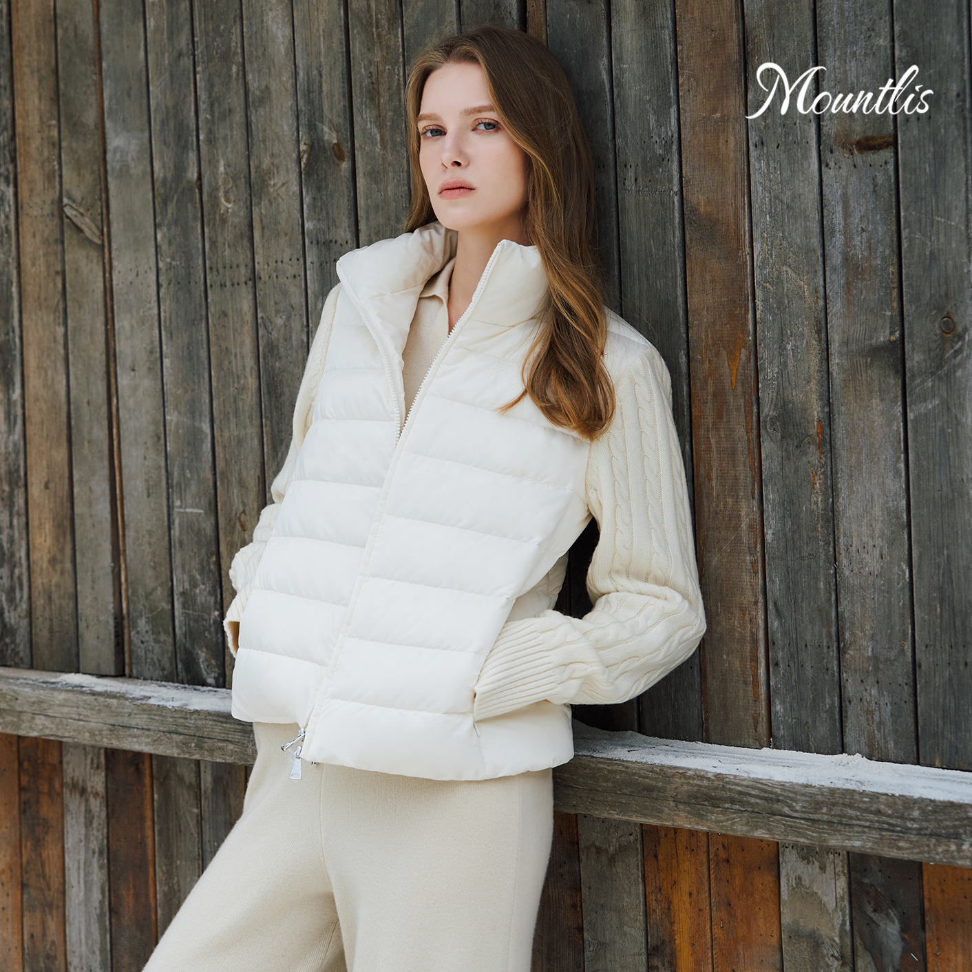 Mountlis蒙缇 鹅绒服羊毛针织拼接鹅绒服设计感冬季短款羽绒外套