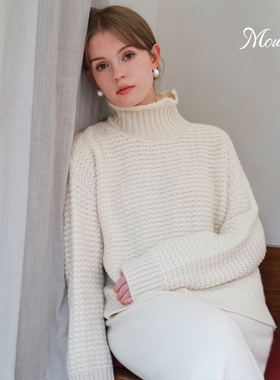 Mountlis夏季100%阿尔巴斯山羊绒高领上衣翻花元宝外穿慵懒风毛衣