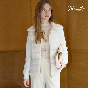Mountlis蒙缇鹅绒服女轻薄外套白色皮草云绒针织拼接翻领羽绒外套