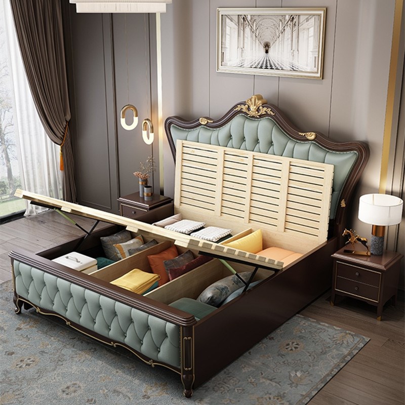 美式床实木床 轻奢1.8米1.5m主卧双人床软包现代简约高箱储物婚床