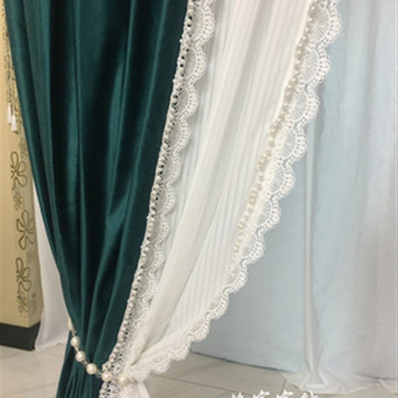 假两层美式复古丝绒窗帘布拼纱遮光轻奢客厅阳台新款窗帘成品