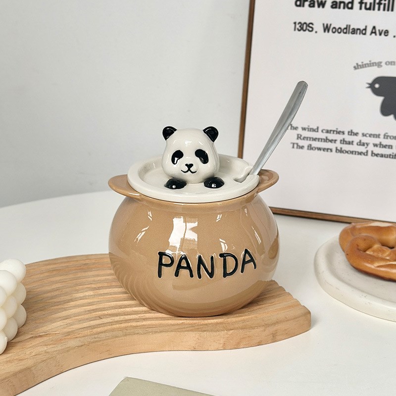 熊猫油罐家用陶瓷耐高温厨房带盖荤油罐子双耳辣椒泼辣辣椒油