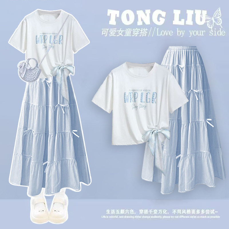 女童夏装套装2026夏季套装小清新设计感蝴蝶结T恤女裙子两件套潮