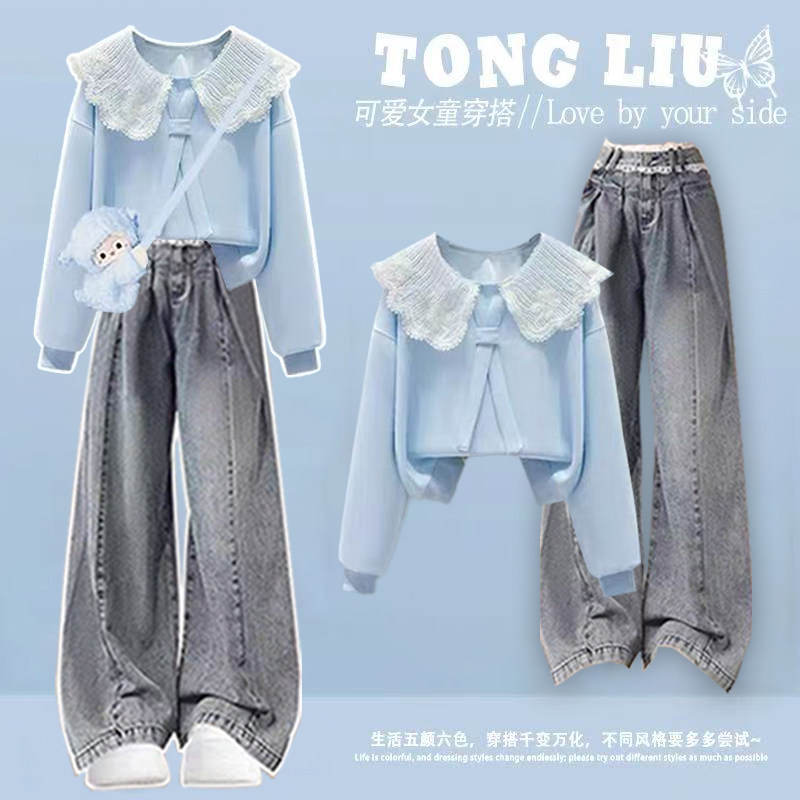 秋季套装女2026新款小清新学院风套装娃娃领卫衣洋气牛仔裤两件套