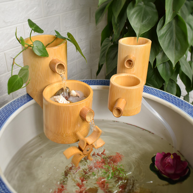 竹子流水摆件养鱼缸水循环水缸客厅竹筒装饰造P景圆缸过滤器流水