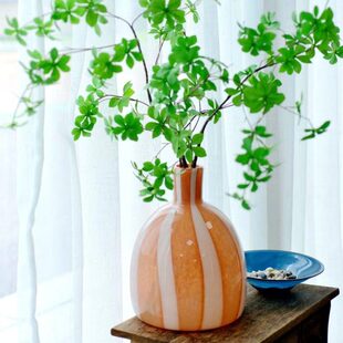 小条纹瓷橘色手工色亮木肚朦胧樱玻璃花瓶大醉插花器马粉钟口吊双