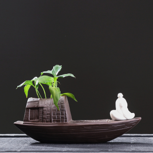 创意紫砂老翁姜太公n垂钓茶宠茶盘配件陶瓷小船花器水培香插小摆
