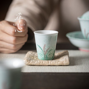 寻心纯手绘芦苇洒绿直身杯家用陶瓷品茗主人杯女单个茶杯功夫茶具