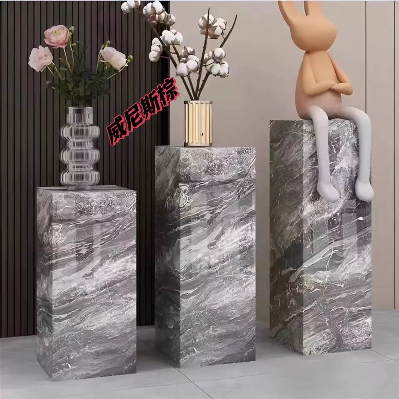 高档客厅玄关落地岩板立柱装饰展示架大理L石工艺品摆件底座增高