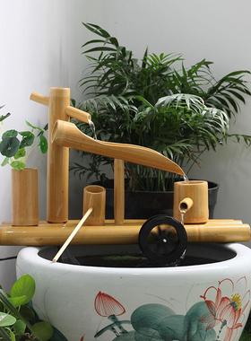 竹子流水器 鱼缸石槽鱼盆增氧过滤 客厅摆件 风水轮水车循环流水