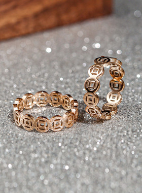 韩版百搭18K玫瑰金p镂空铜钱币招财转运钛钢戒指女个性不掉色指环