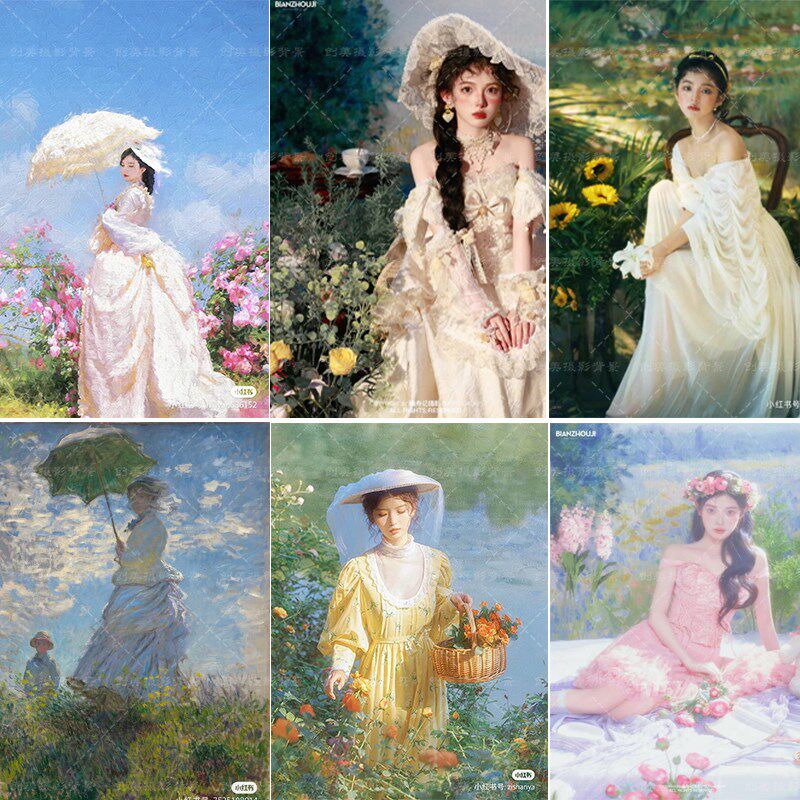 法式少女油画写真莫奈园拍照背景布风景画睡莲拍照婚纱油画背景