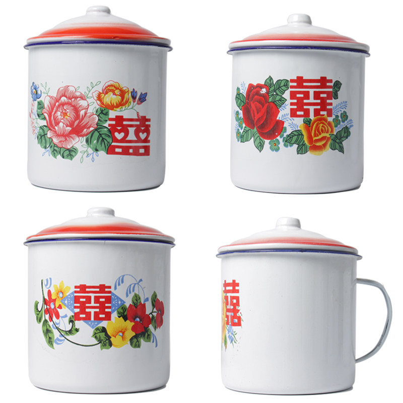 老式搪瓷怀旧经典复古马杯带盖茶缸子老式大号茶杯带喜字婚庆杯