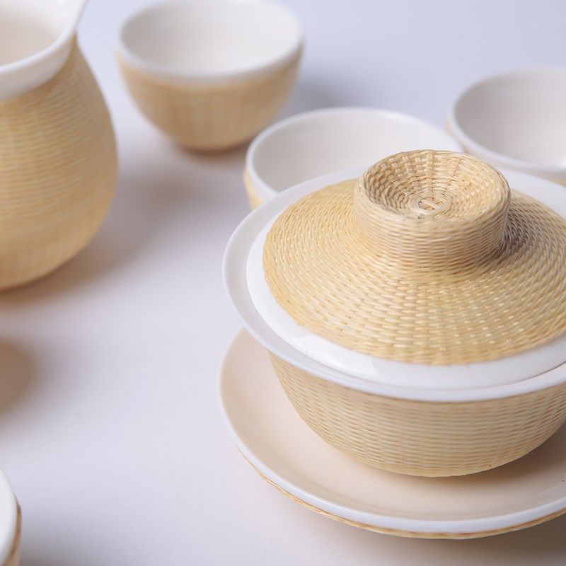 刘氏竹编竹丝扣瓷胎盖碗功夫茶具装非遗纯手工茶杯端礼品