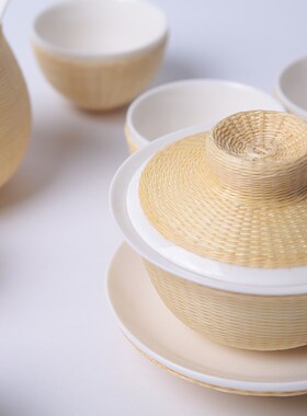 刘氏竹编竹丝扣瓷胎盖碗功夫茶具装非遗纯手工茶杯端礼品