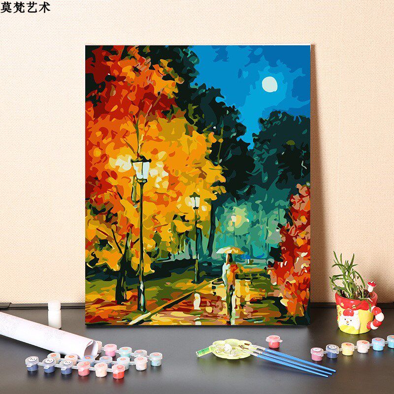 数字油画手工填充下雨天撑雨伞散步风景画手绘涂色丙烯油彩画