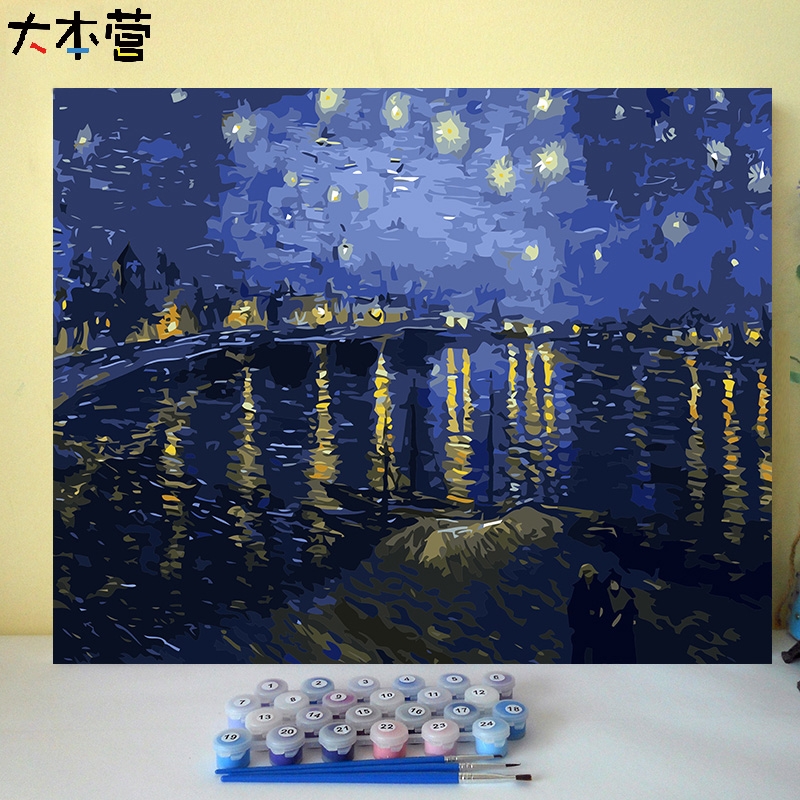 梵高世界名画夜晚的咖啡馆 diy数字油彩画星空星月夜手绘填充油画