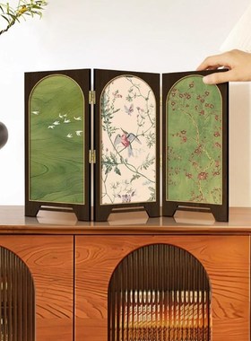 中古风桌面屏风绿色飞鸟客厅玄关边柜卧室床头装饰画摆画