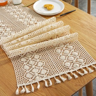 加宽针织镂空钩针田园风流苏桌旗米色蕾丝餐边五斗柜茶几装饰布