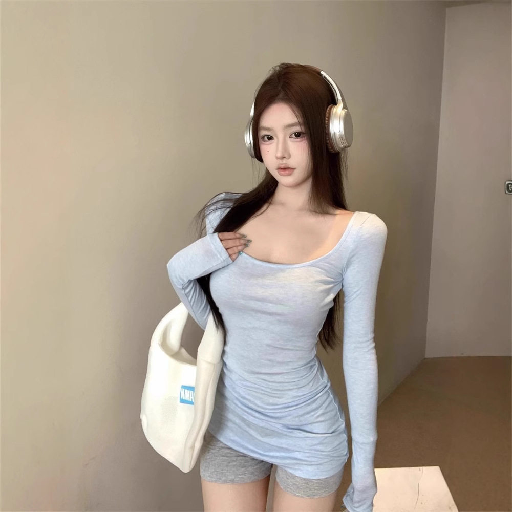春季薄款修身U领长袖防晒T恤女
