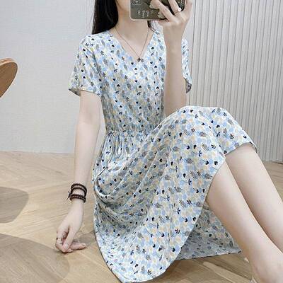 2025新款夏季高端棉绸洋装女气质收腰碎花中长外穿绵绸大摆裙子
