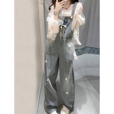 美式覆古牛仔背带裤女2025新款春秋宽松蝴蝶结烫钻夏季减龄直筒裤