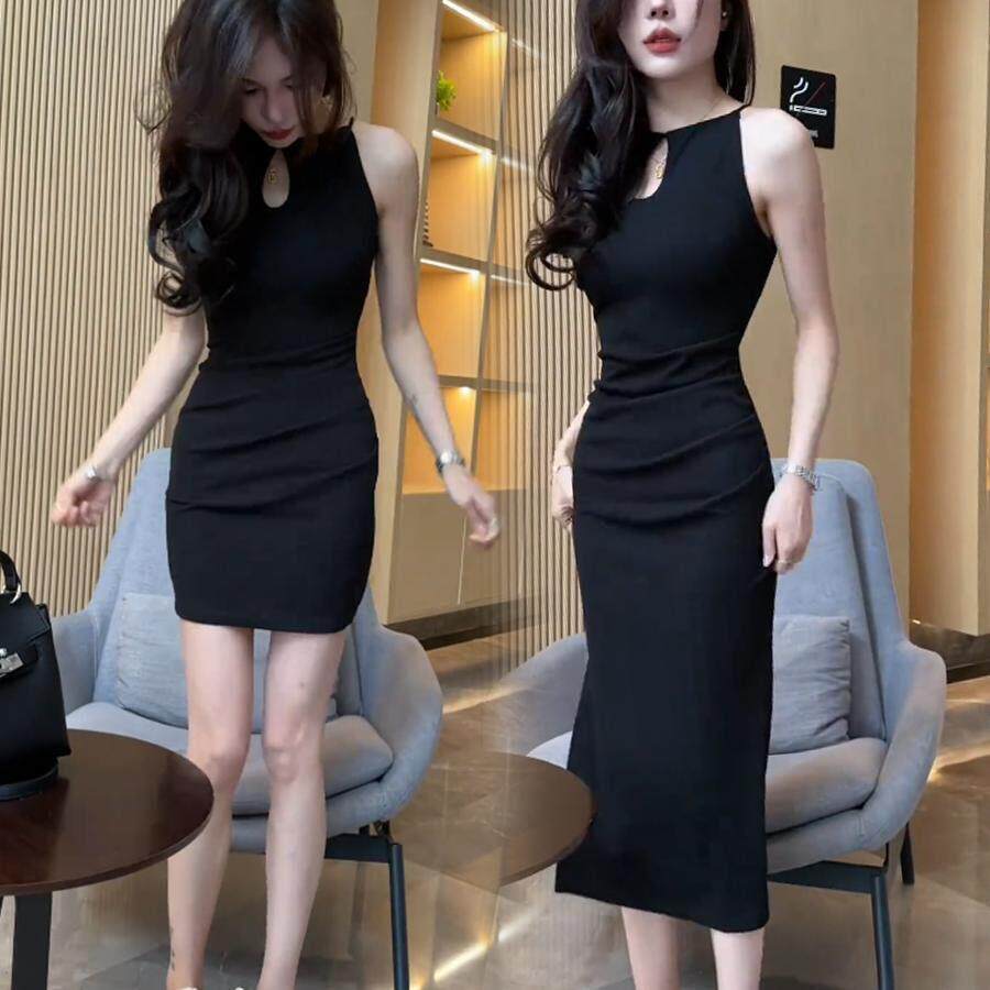 挂颈开叉性感洋装女2026夏季纯欲性感独特气质修身显瘦包臀长裙