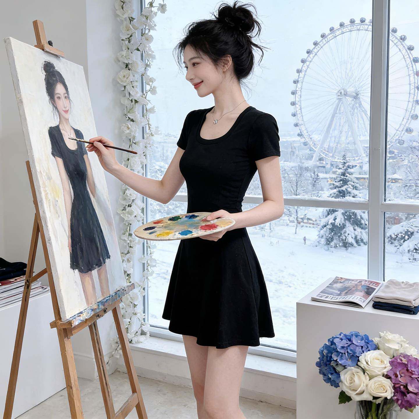 春夏季女绝美漂亮黑色掐腰小个子包臀小裙子大U领千金A字连衣裙
