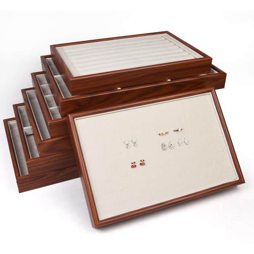 新款彷木纹丝绒首饰收纳盘展示托盘橱窗陈列道具戒指耳环珠宝盘