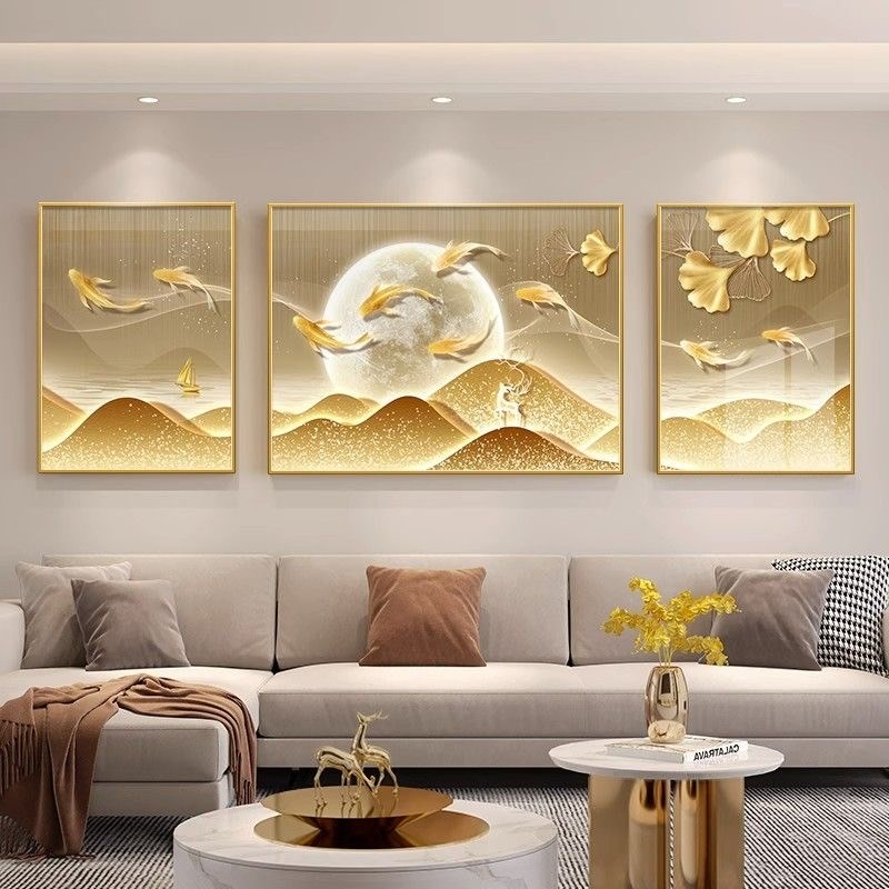 九鱼聚财图三联画客厅奶油风沙发背景墙晶瓷装饰画轻奢高级感壁画图片