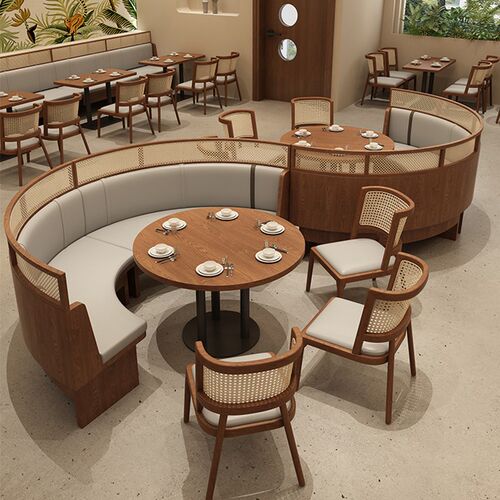 题卡座沙发实木餐椅藤编东南亚靠墙西餐饮桌椅商用