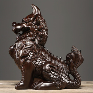 黑檀木雕龙生九子獬豸神兽实木质客厅麒麟红木工艺品装饰
