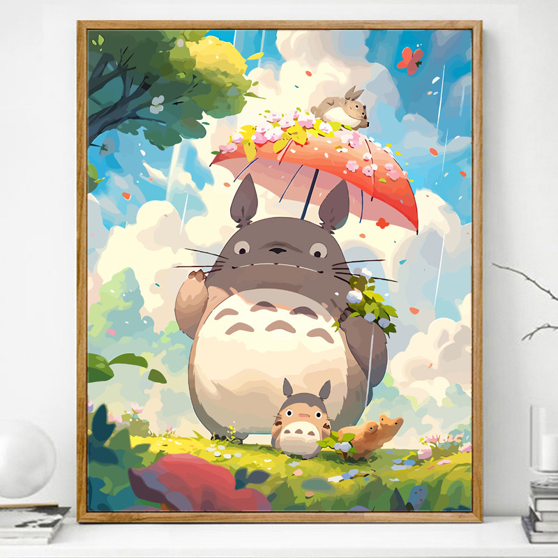 撑伞龙猫宫崎骏数字油画填充画画填色油彩画手工手绘治愈
