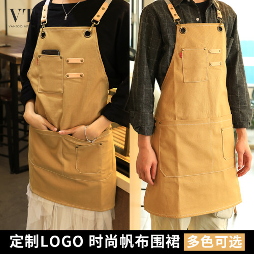 咖啡师级理发围裙女时尚印字美甲布艺奶茶工作服男